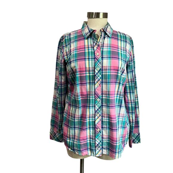 Talbots Plaid Preppy 100% Cotton Long Sleeve Button Down Blouse Sz M - Picture 1 of 8